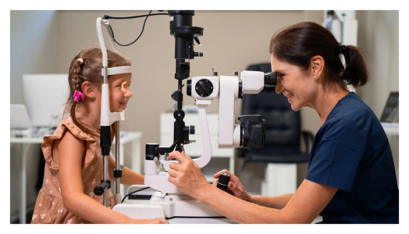 Eye exam: a clinician uses a slit-lamp microscope to check a young girl's eyes in a clinic.